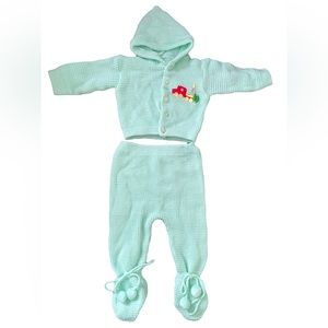 Hopscotch Vintage 90s Mint Green Two Piece Knit Button Up Hoodie Footed Pants